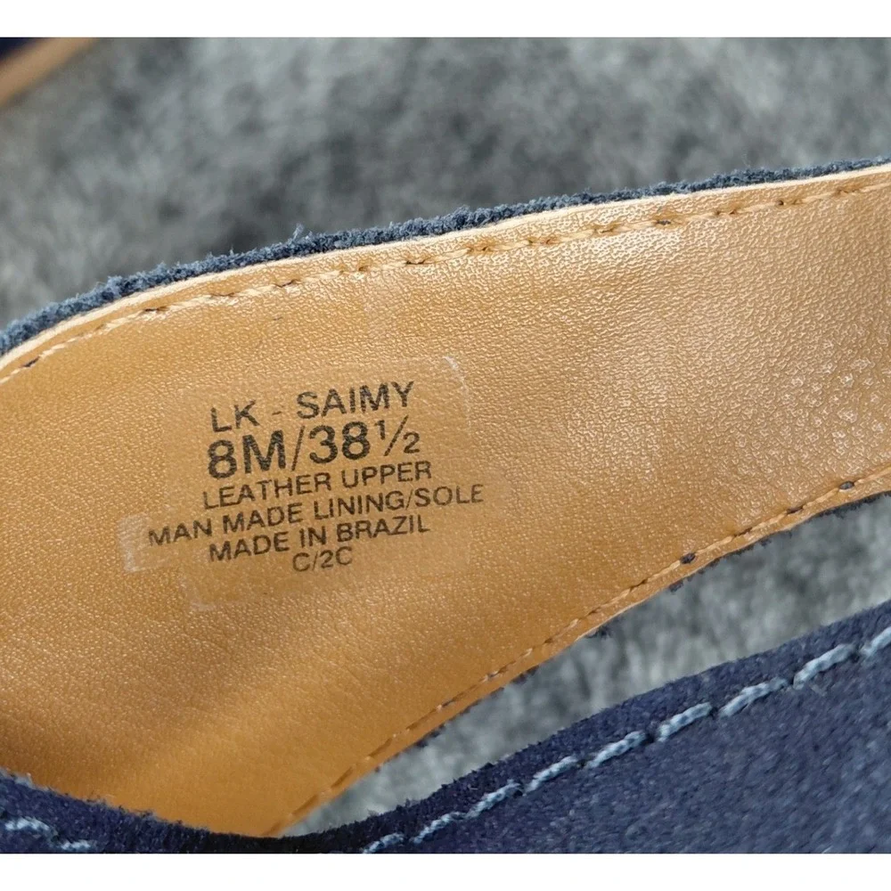 Lucky Brand Saimy Navy Blue Leather Peep‎ Toe Block Heel Sandals Mens 8M 38.5